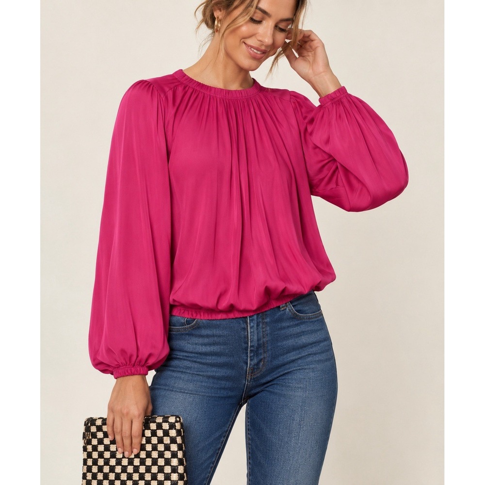 Cloth & Stone Luxe Satin Puff Sleeve Blouse Berry Fizz Pink XS